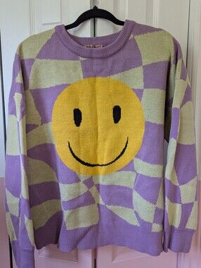 Lavender Checkerboard Smiley Knit Sweater